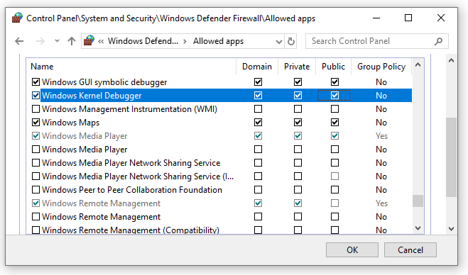 Captura de pantalla de la configuración del firewall del Panel de control que muestra el depurador simbólico de gui de Windows y las aplicaciones del depurador de kernel de Windows con los tres tipos de red habilitados.