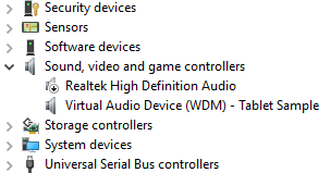 Captura de pantalla del árbol administrador de dispositivos con el ejemplo de tableta de dispositivo de audio virtual resaltado.