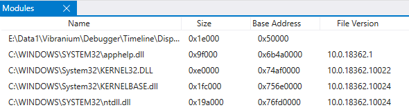Captura de pantalla de la ventana Módulos winDbg que muestra cinco módulos enumerados.