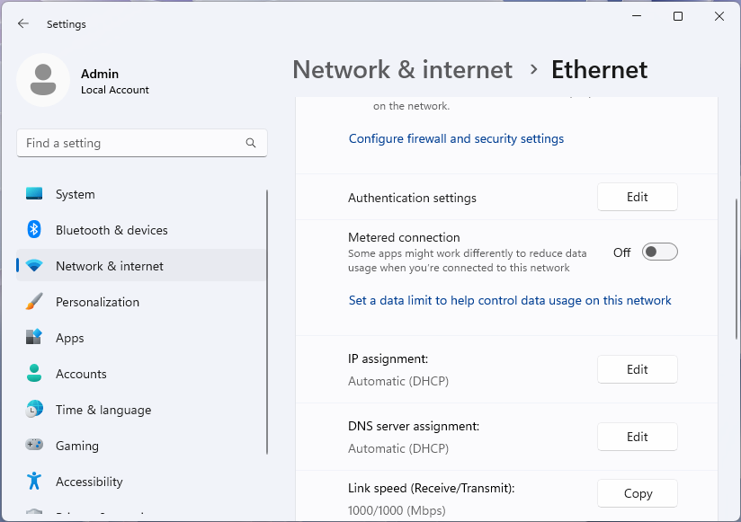 Captura de pantalla de la página Ethernet de la aplicación Configuración de Windows 11.