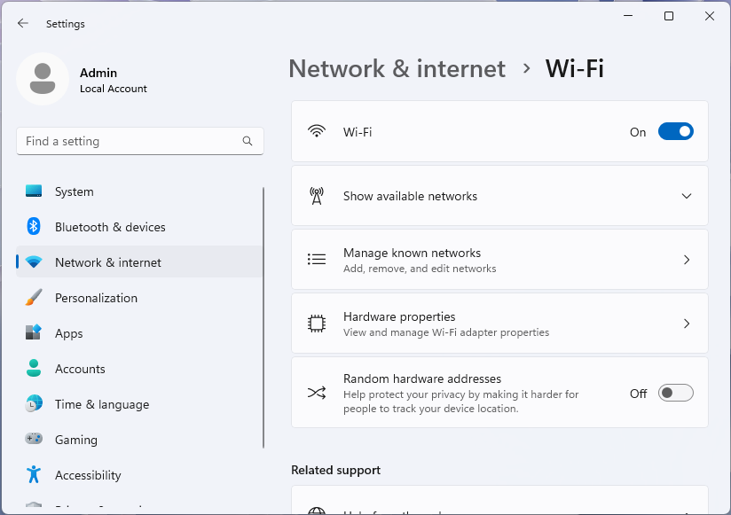 Captura de pantalla de la página Wi-Fi de la aplicación Configuración de Windows 11.