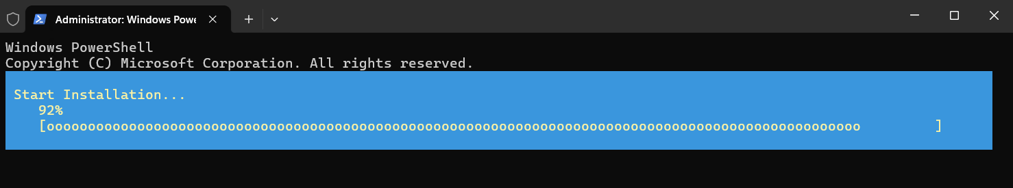 Captura de pantalla de la ventana de PowerShell que muestra el progreso para instalar Hyper-V en Windows Server.