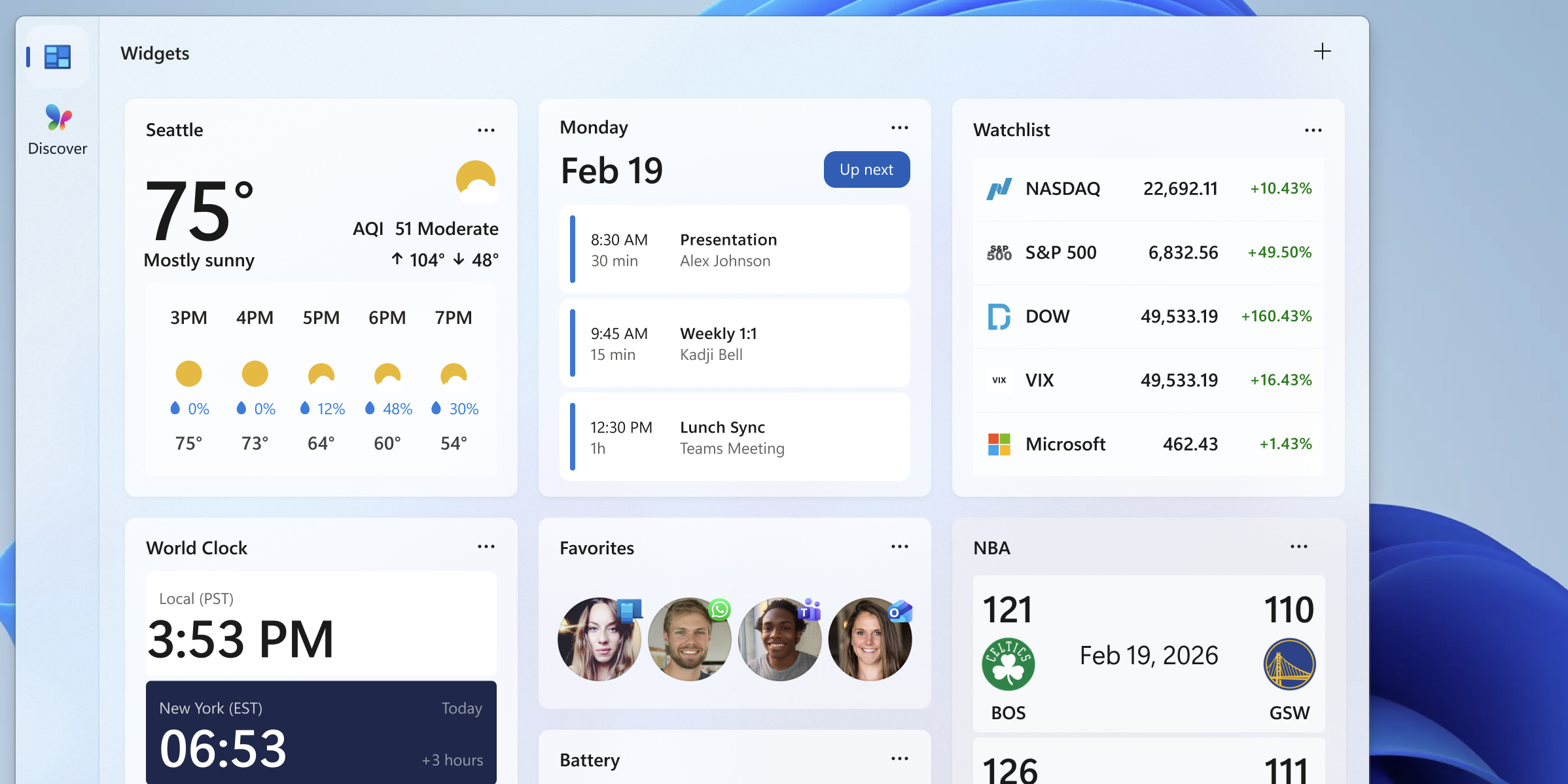 Captura de pantalla del panel de widgets. El panel es un rectángulo redondeado que muestra la hora en la parte superior, seguida de una barra de búsqueda. El resto del panel es una cuadrícula de rectángulos redondeados que representan un widget cada uno. Los widgets individuales muestran las noticias principales, el tiempo actual, el tráfico actual, etc.