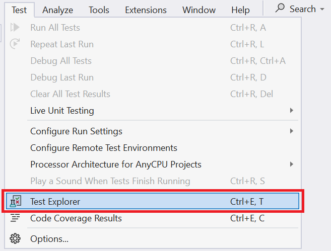 Captura de pantalla del menú Prueba en Visual Studio.