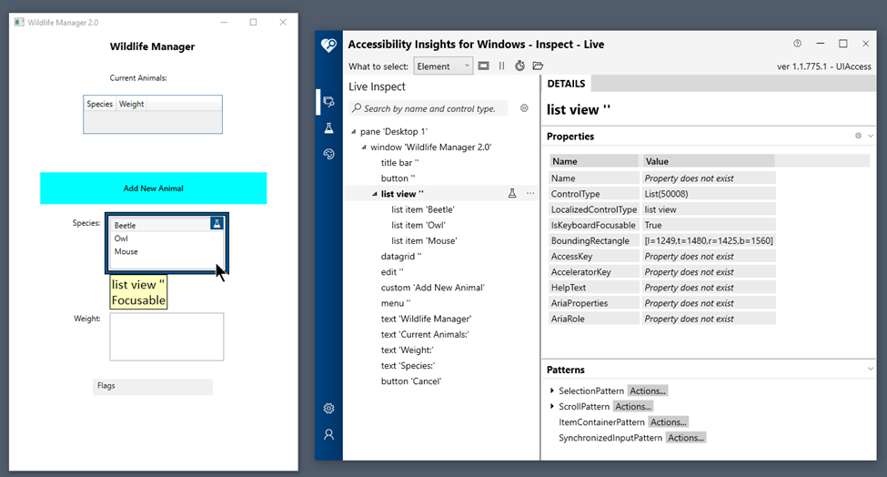 Captura de pantalla de la herramienta Accessibility Insights junto a una aplicación de destino básica.