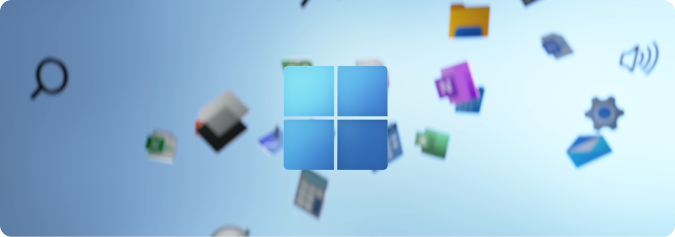 Logotipo de Windows con iconos de aplicación flotantes en el fondo