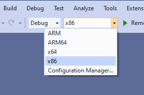 Configuración de compilación x86 en Visual Studio