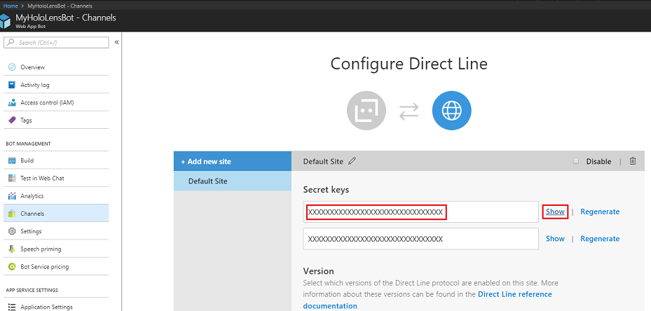 Captura de pantalla de las claves secretas resaltadas en MyHoloLensBot Configure Direct Line canal.