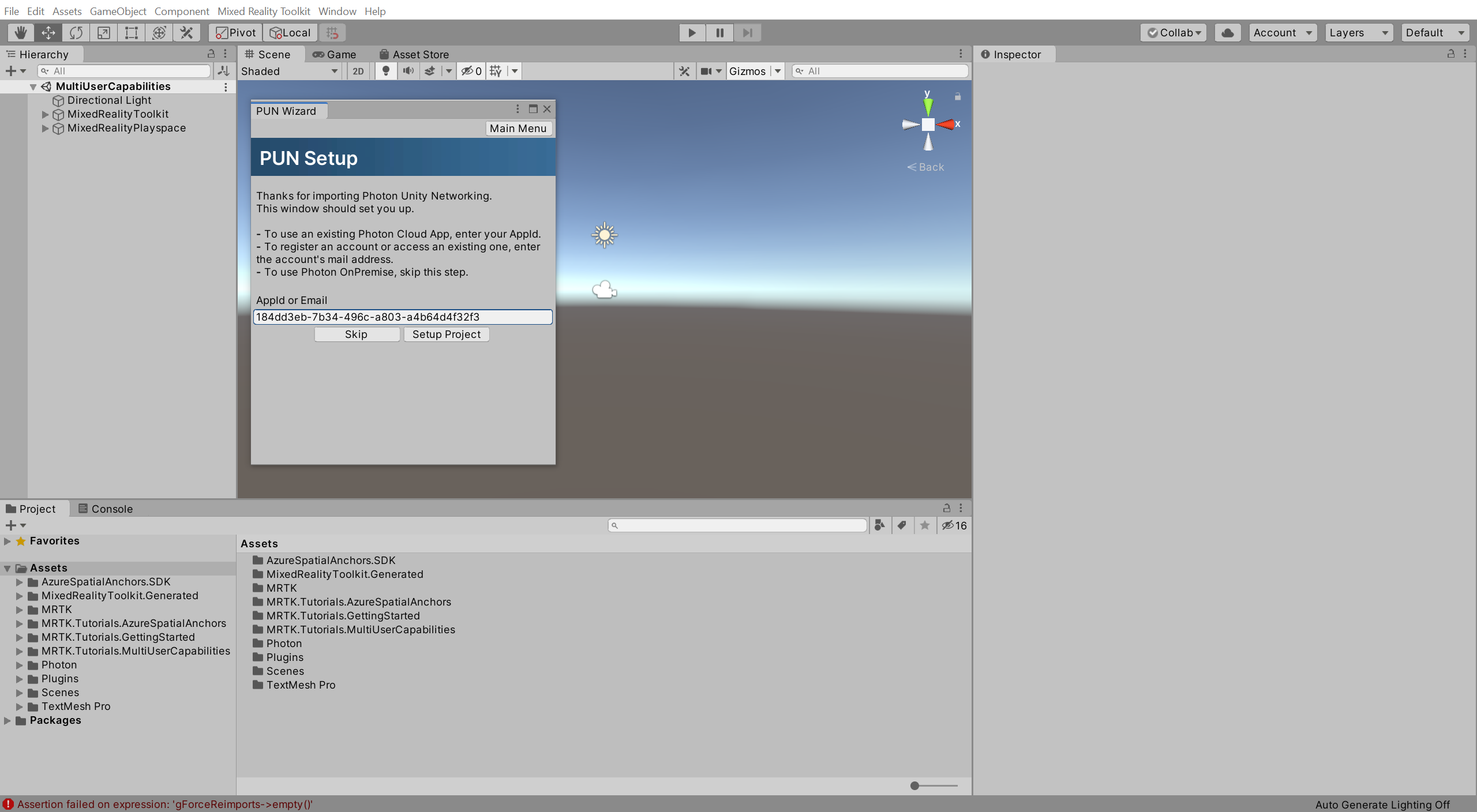 Ventana de configuración de PUN de Unity con AppId rellenado
