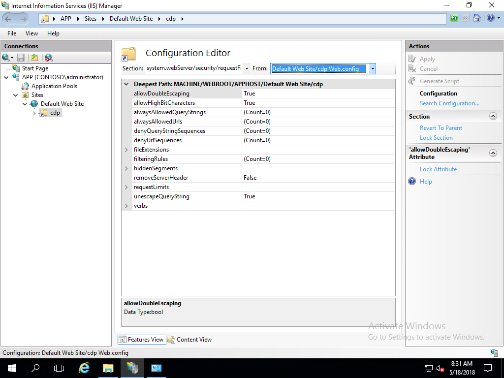 de acciones Configuración de IIS Editor doble escape.