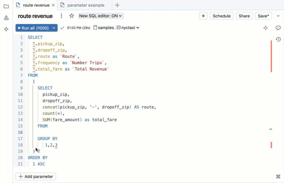 Multiple users editing the same query simultaneously, with each user's cursor and selection highlighted in a different color.