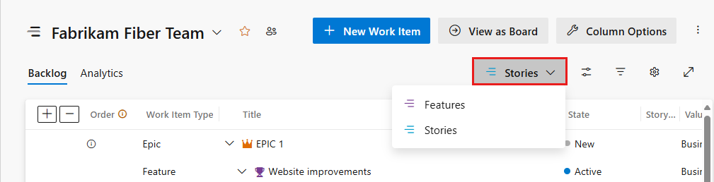 Screenshot of Product backlog level, Backlog items, Stories, or Requirements.