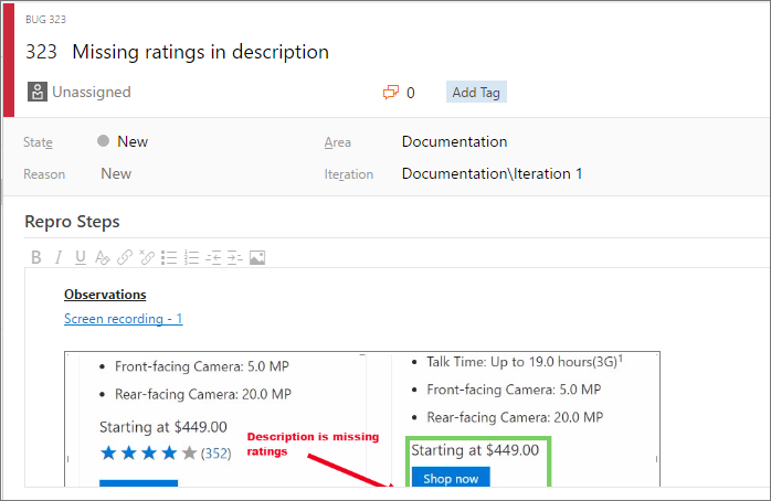 Screenshot of a bug work item with captured observations and a screen recording link.