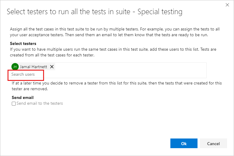 Screenshot of the Select testers dialog with one tester selected and the Search users field highlighted.