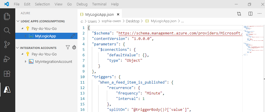 Screenshot that shows an example Consumption logic app workflow definition in Visual Studio Code.