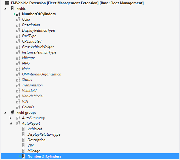 Screenshot of the NumberOfCylinders field added to the AutoReport field group.