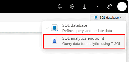 Näyttökuva SQL-tietokannan tai SQL-analytiikan päätepisteen avattavan luettelon valitsimen Kangas-portaalista.