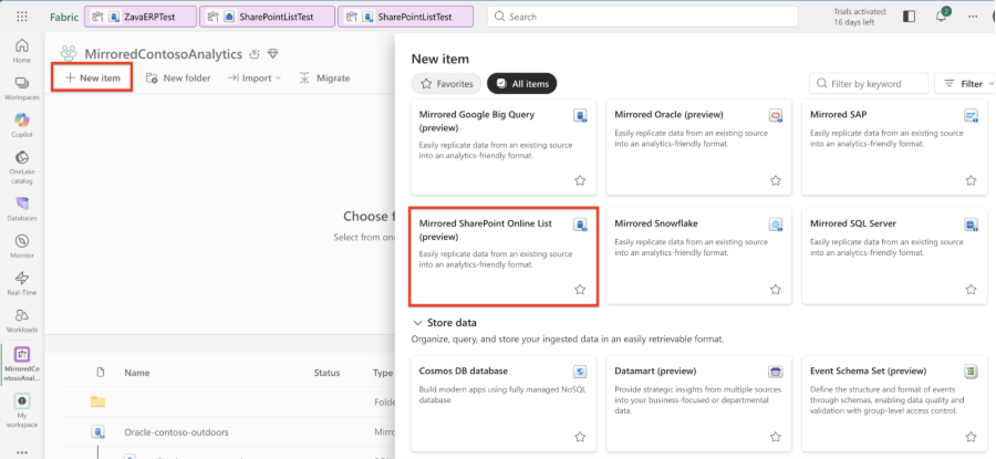 Kuvakaappaus Fabric-työtilasta, jossa näkyy Uusi kohdevalikko ja peilattu SharePoint Online -lista -vaihtoehto korostettuna.