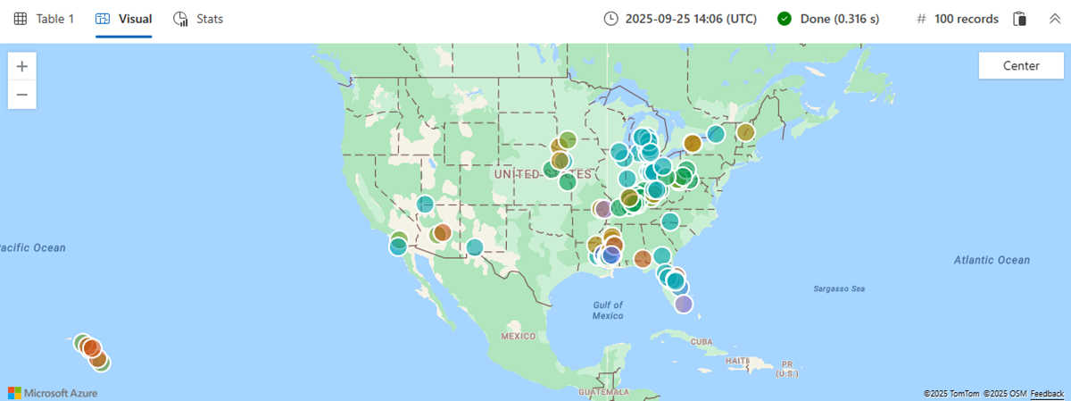 Screenshot of sample storm events on a map by type.
