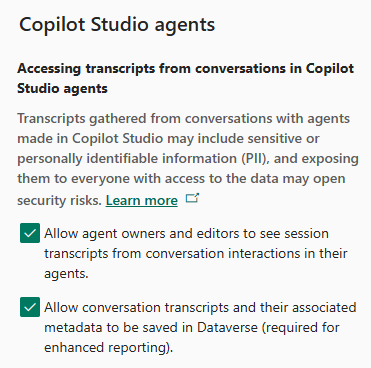 Screenshot Copilot Studion asetusosiosta ympäristöille Power Platform -hallintakeskuksessa.