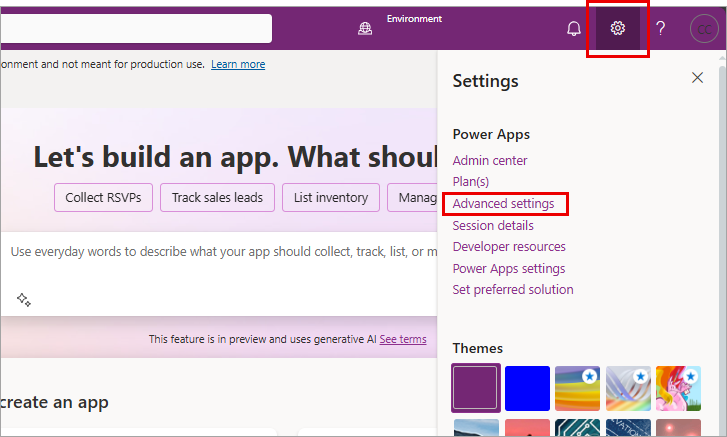 Screen-kuva Power Apps Asetukset-valikosta, jossa Lisäasetukset on korostettu.