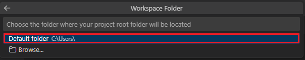 Screenshot shows the option to select the default location for the project workspace.