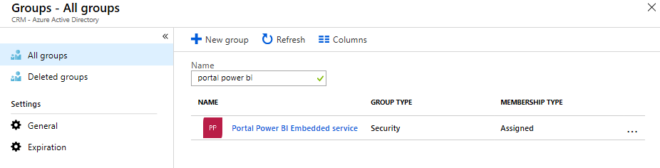 Hae ja valitse Power BI Embedded -palvelun käyttöoikeusryhmä Hae ja valitse Power BI Embedded -palvelun käyttöoikeusryhmä.