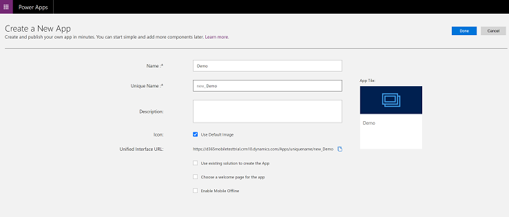 Luo uusi Unified Interface -sovellus.