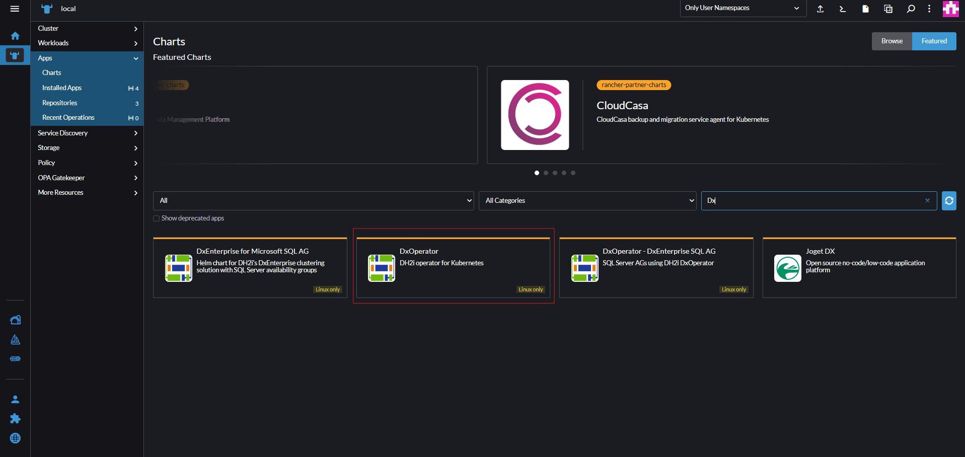 Screenshot showing the available chart options.