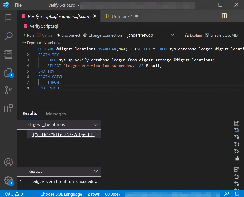 Screenshot of running ledger verification by using Visual Studio Code.