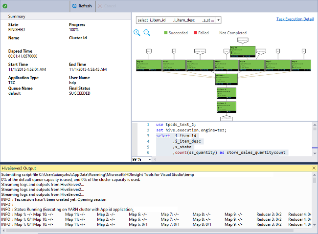 Grafo di attività Apache Hive, Visual Studio.