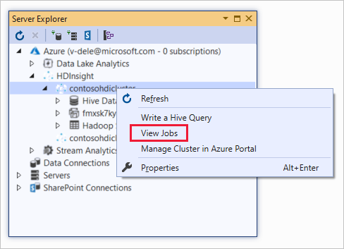 Visualizza lavori, Apache Hive, cluster HDInsight, Visual Studio.