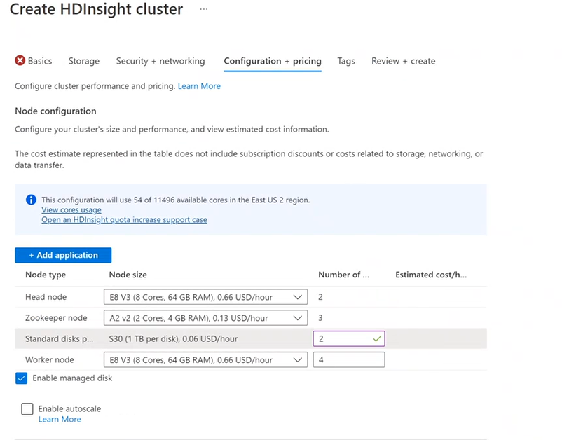 Screenshot che mostra la scelta delle dimensioni del nodo per HDInsight.