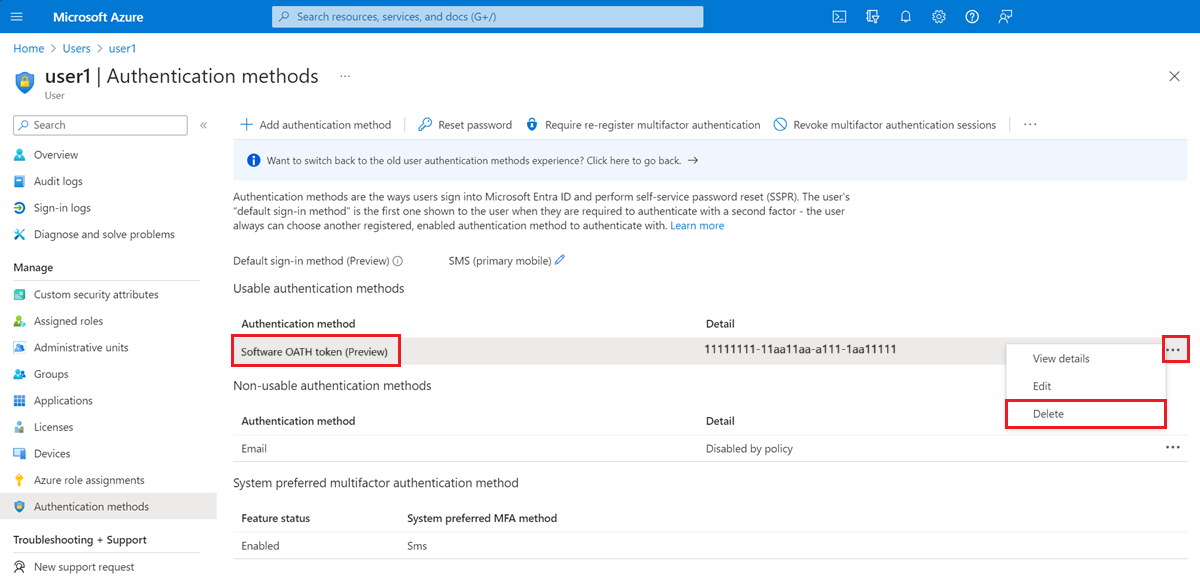 Screenshot della pagina Metodi di autenticazione nel portale di Azure con la voce di menu Metodi di autenticazione, il metodo di autenticazione software token OATH e il pulsante Elimina evidenziato