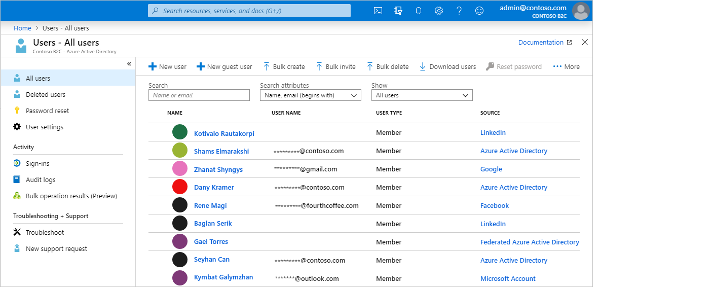 Screenshot della pagina di gestione utenti di Azure AD B2C nel portale di Azure.
