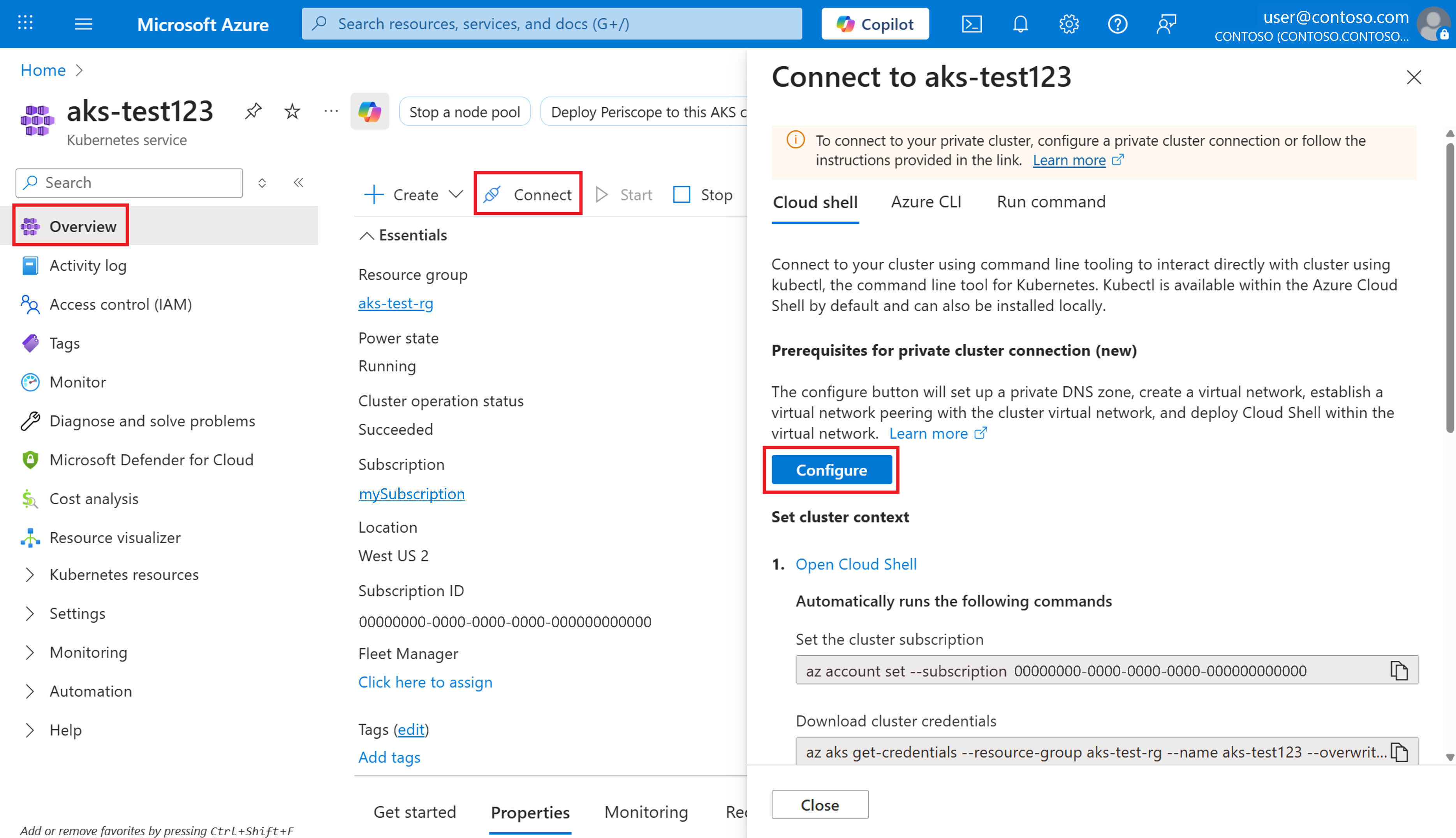 Screenshot del portale di Azure nella pagina delle risorse di un cluster privato che mostra il pulsante Connetti con la scheda Cloud Shell selezionata.