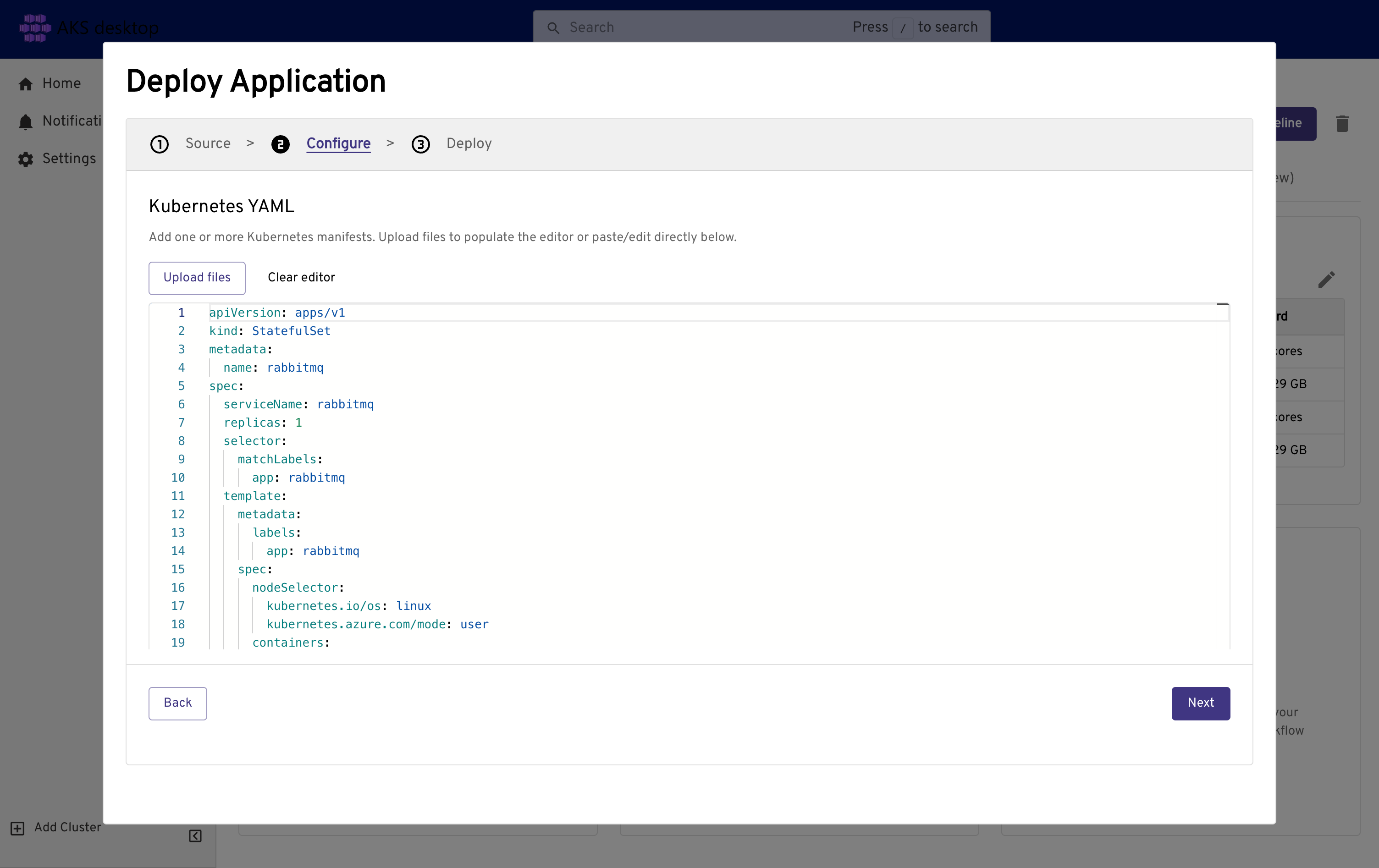 Screenshot che mostra l'editor YAML con il file YAML copiato e incollato.
