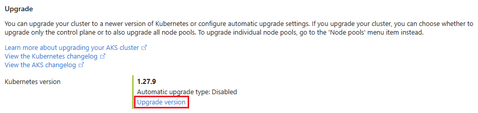 Screenshot della pagina di aggiornamento del cluster per un cluster del servizio Azure Kubernetes nel portale di Azure.