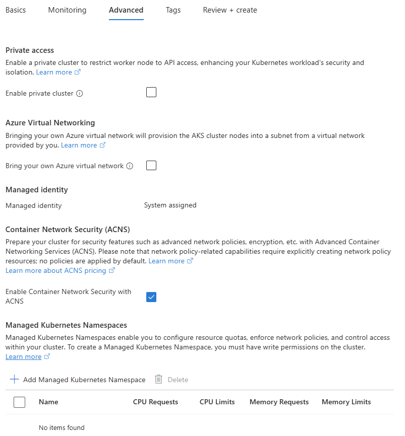 Screenshot della scheda Avanzati durante la creazione di un cluster del Servizio Azure Kubernetes automatico nel portale di Azure.