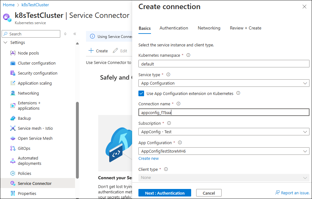 Screenshot che mostra la creazione della connessione.