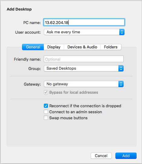 Immagine della connessione alla macchina virtuale tramite un client RDP