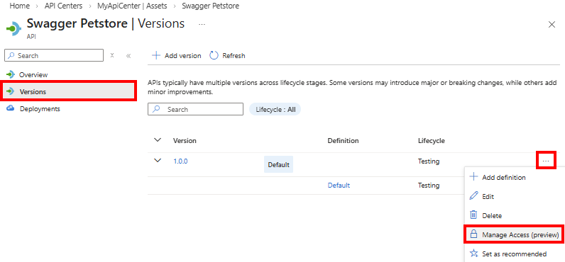 Screenshot dell'associazione di una configurazione di autenticazione a una versione dell'API nel portale.