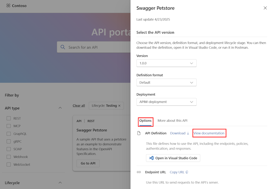 Screenshot dei dettagli dell'API nel portale di Centro API.