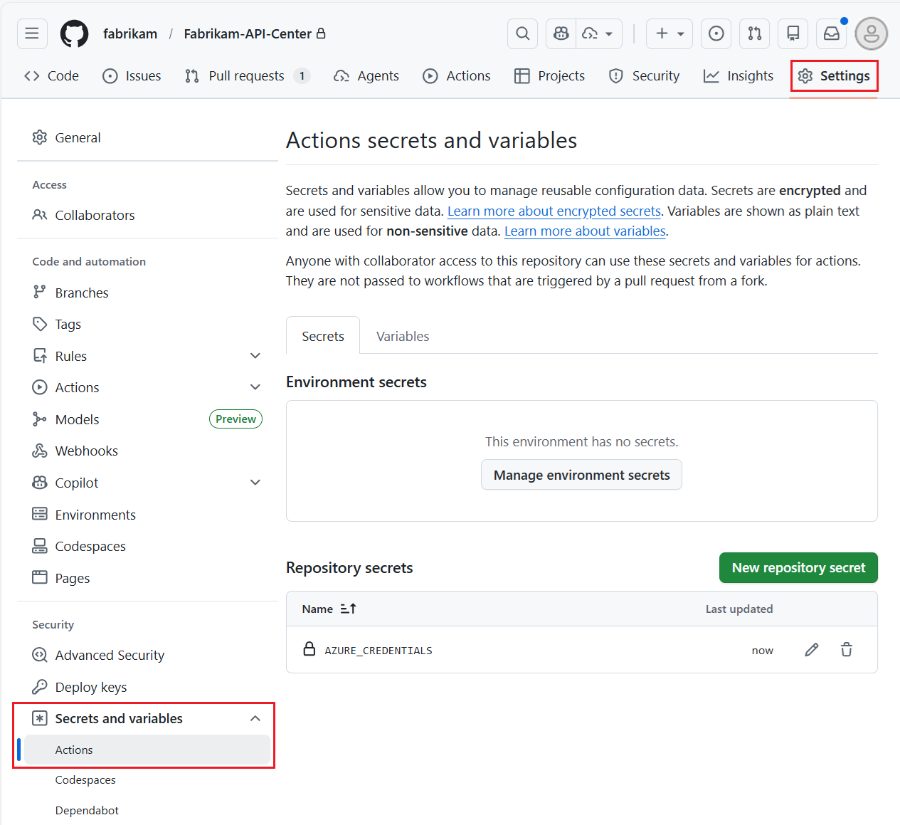 Screenshot dei segreti per Actions in un repository GitHub.
