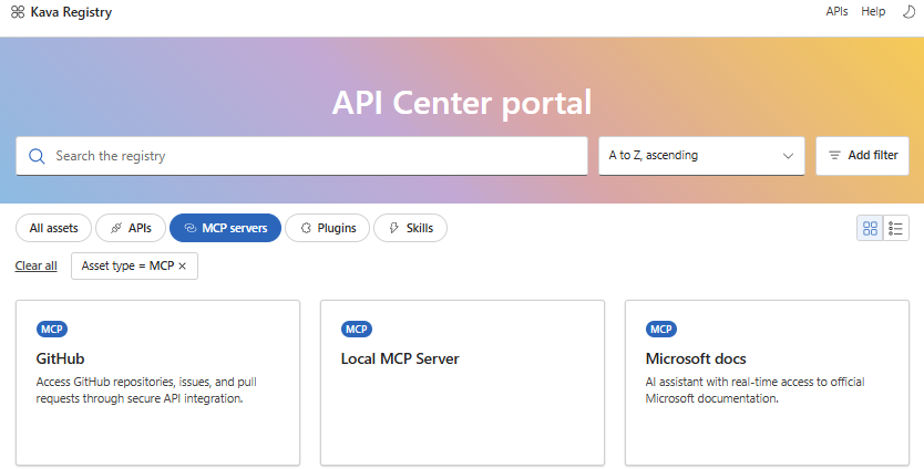 Screenshot dei server MCP nel portale di Centro API.