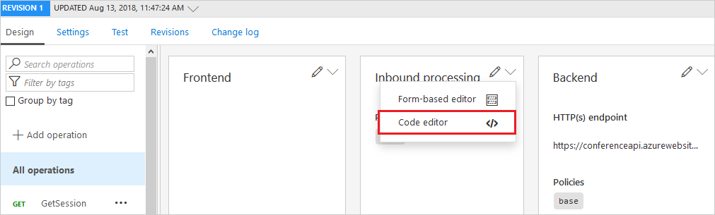 Screenshot che evidenzia l'editor di codice API nella scheda progettazione.