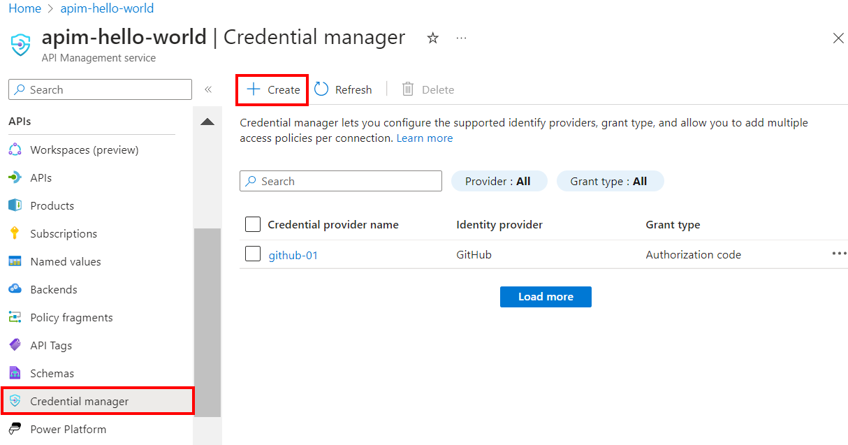 Screenshot della creazione di credenziali di Gestione API nel portale di Azure.