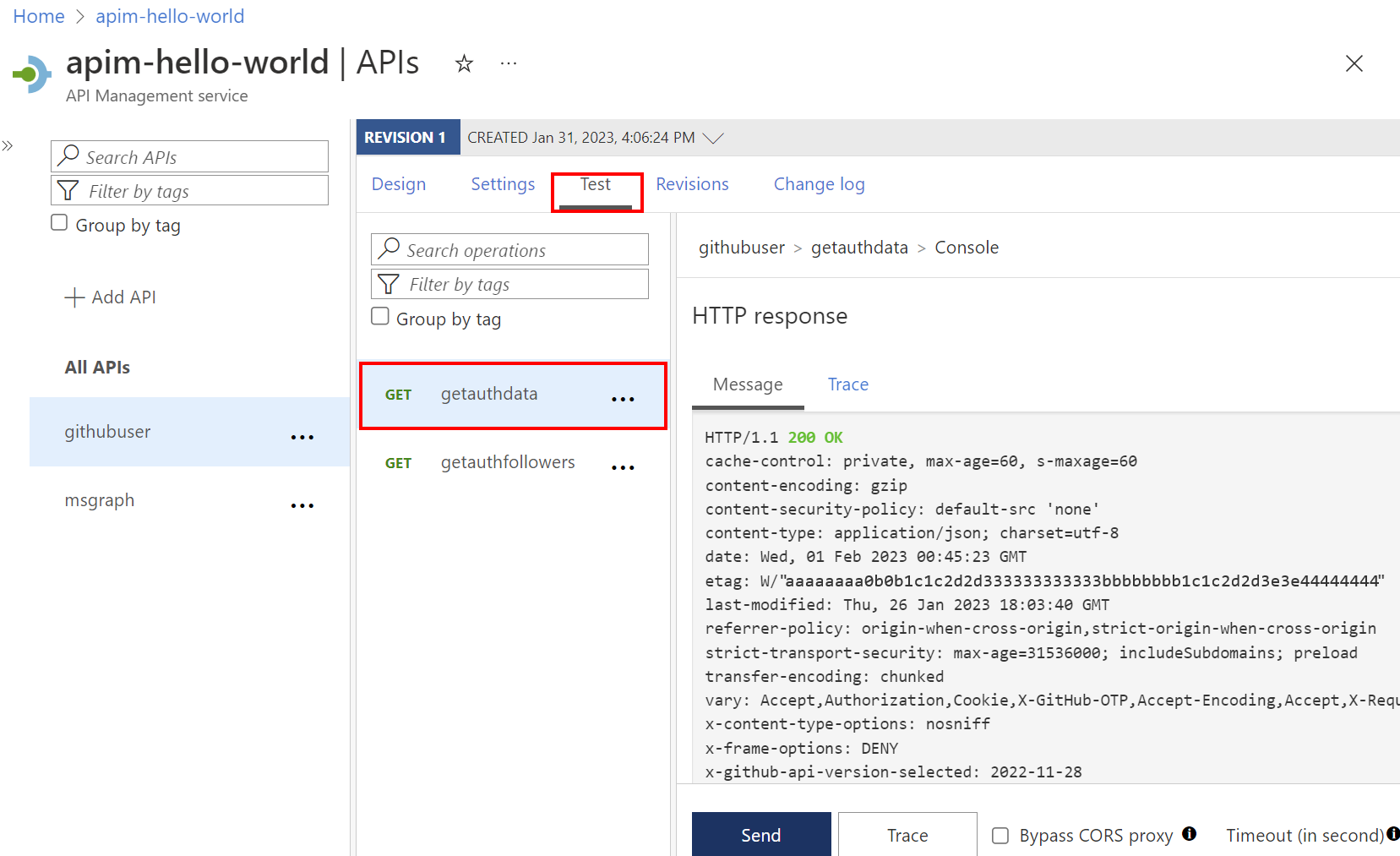 Screenshot del test dell'API eseguito con successo nel portale.
