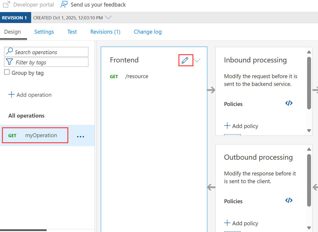 Screenshot che mostra il processo di modifica di un'API in Gestione API.