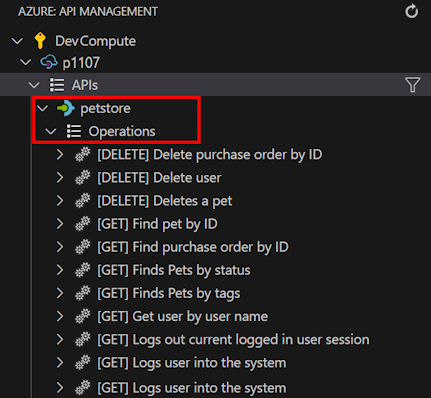 Screenshot dell'API importata nel riquadro Esplora.